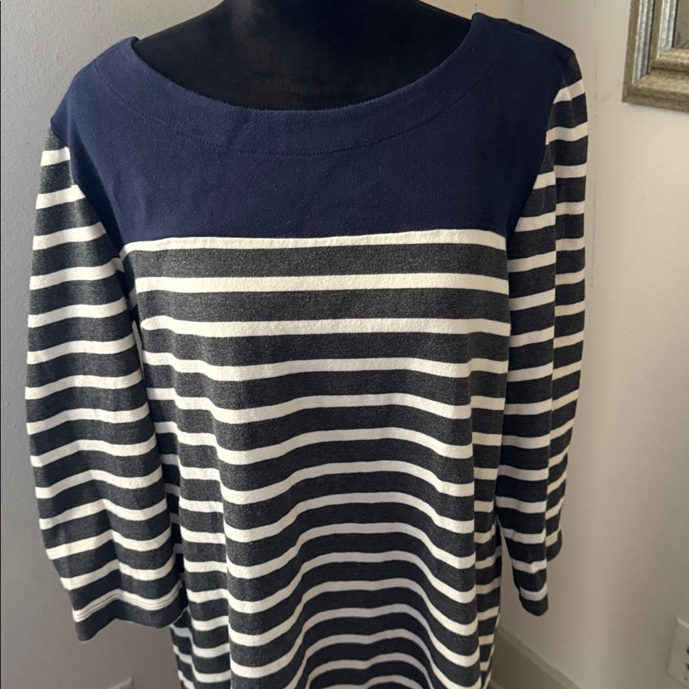GAP Navy gray ivory striped casual Dress Sz XL cotton 3/4 sleeves - Picture 6 of 12